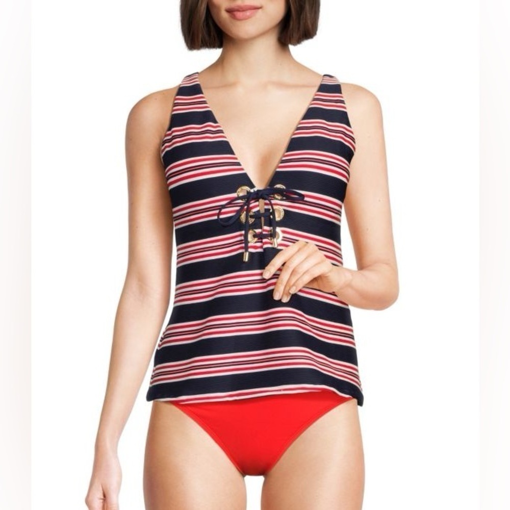New La Blanca Sailor Striped Tankini Swim Top Red Blue Stripe Patriotic Sz 14
